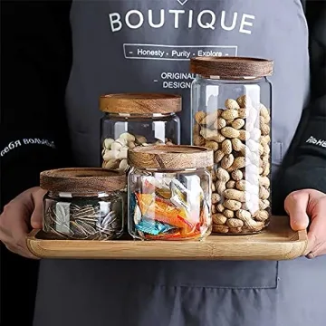 MOLADRI 720ML/24Oz Clear Cute Glass Storage Canister Holder with Stackable Airtight Wood Lid, Modern Decorative Container Jar for Coffee, Spice, Candy, Salt, Cookie, Condiment, Pepper, Sugar