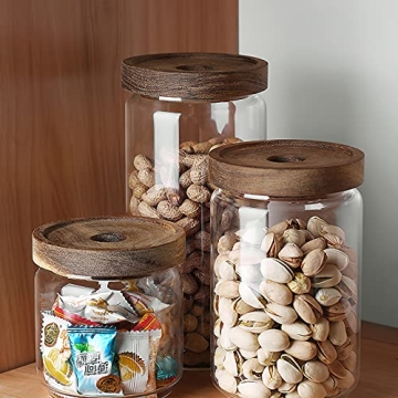 MOLADRI 720ML/24Oz Clear Cute Glass Storage Canister Holder with Stackable Airtight Wood Lid, Modern Decorative Container Jar for Coffee, Spice, Candy, Salt, Cookie, Condiment, Pepper, Sugar