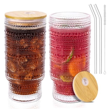 CWHHRN 16OZ Glass Cups with Lids and Straws, Vintage Embossed Glassware for Whiskey Cocktail Beer, I...