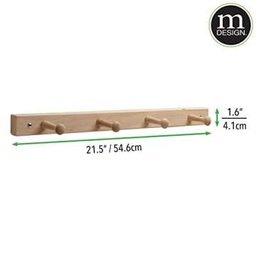 mDesign Decorative Wood Wall Mount 4 Hook Storage Organizer Rack for Coats, Hoodies, Hats, Scarves, Purses, Leashes, Bath Towels & Robes - 2 Pack - Natural Finish