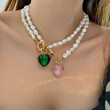 Pearl Love Heart Necklace for Women with Green Murano Glass Heart Pendant Necklace Italy Handmade 22...