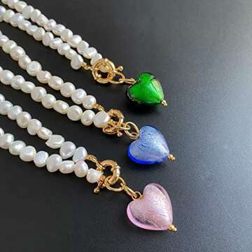 Pearl Love Heart Necklace for Women with Green Murano Glass Heart Pendant Necklace Italy Handmade 22mm Murano Glass charm,Natural Freshwater Baroque Pearl Necklace for Women Pearl Jewelry