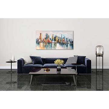 Bouvy Art,24x48Inch 100% Hand Painted City Skyline Framed Oil Paintings on Canvas Abstract Urban Landscape Artwork Modern Cityscape Wall Art Oil Hand Painting for Dinning Room Office