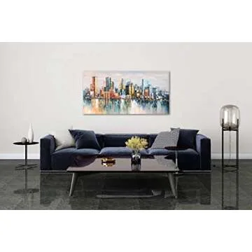 Bouvy Art,24x48Inch 100% Hand Painted City Skyline Framed Oil Paintings on Canvas Abstract Urban Landscape Artwork Modern Cityscape Wall Art Oil Hand Painting for Dinning Room Office