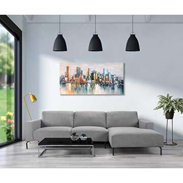 Bouvy Art,24x48Inch 100% Hand Painted City Skyline Framed Oil Paintings on Canvas Abstract Urban Landscape Artwork Modern Cityscape Wall Art Oil Hand Painting for Dinning Room Office