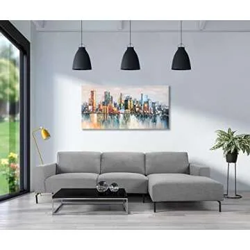 Bouvy Art,24x48Inch 100% Hand Painted City Skyline Framed Oil Paintings on Canvas Abstract Urban Landscape Artwork Modern Cityscape Wall Art Oil Hand Painting for Dinning Room Office