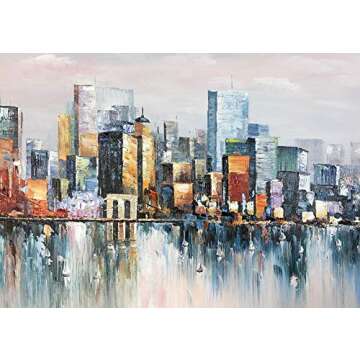 Bouvy Art,24x48Inch 100% Hand Painted City Skyline Framed Oil Paintings on Canvas Abstract Urban Landscape Artwork Modern Cityscape Wall Art Oil Hand Painting for Dinning Room Office