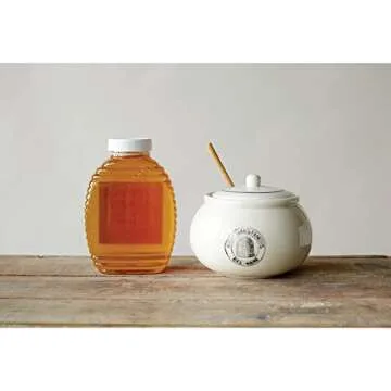 Creative Co-Op 3 Piece White Stoneware Honey Pot with Lid & Wood Honey Dipper
