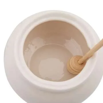 Creative Co-Op 3 Piece White Stoneware Honey Pot with Lid & Wood Honey Dipper