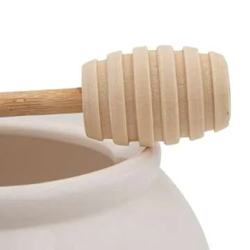 Creative Co-Op 3 Piece White Stoneware Honey Pot with Lid & Wood Honey Dipper