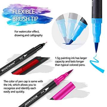 Mogyann Markers for Adult 100 Colors Dual Tip Pens with Fine and Brush Tip for Coloring and Calligraphy Drawing