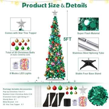 N&T NIETING Pop Up Christmas Tree with Lights & 30 Balls, 5Ft Collapsible Peacock Blue Tinsel Christ...