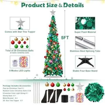 N&T NIETING Pop Up Christmas Tree with Lights & 30 Balls, 5Ft Collapsible Peacock Blue Tinsel Christ...