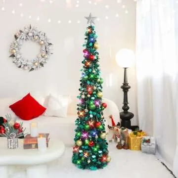 N&T NIETING Pop Up Christmas Tree with Lights & 30 Balls, 5Ft Collapsible Peacock Blue Tinsel Christmas Tree Decorations, Pencil Christmas Tree Skinny Christmas Tree for Holiday Xmas Home Office Decor