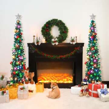 N&T NIETING Pop Up Christmas Tree with Lights & 30 Balls, 5Ft Collapsible Peacock Blue Tinsel Christmas Tree Decorations, Pencil Christmas Tree Skinny Christmas Tree for Holiday Xmas Home Office Decor