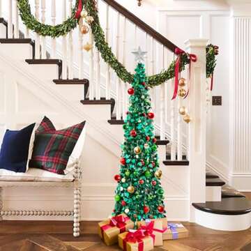 N&T NIETING Pop Up Christmas Tree with Lights & 30 Balls, 5Ft Collapsible Peacock Blue Tinsel Christmas Tree Decorations, Pencil Christmas Tree Skinny Christmas Tree for Holiday Xmas Home Office Decor