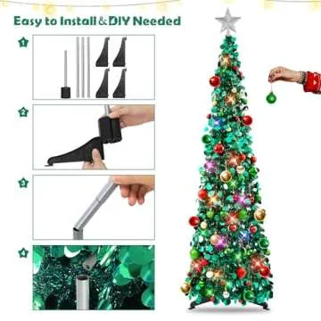 N&T NIETING Pop Up Christmas Tree with Lights & 30 Balls, 5Ft Collapsible Peacock Blue Tinsel Christmas Tree Decorations, Pencil Christmas Tree Skinny Christmas Tree for Holiday Xmas Home Office Decor