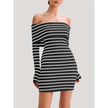 Wenrine Women's Off The Shoulder Knit Dress - Stylish Striped Bodycon Casual Mini Dress