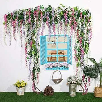 Luyue 3.18 Feet Artificial Silk Wisteria Vine Ratta Silk Hanging Flower Wedding Decor,6 Pieces,(Off-White)