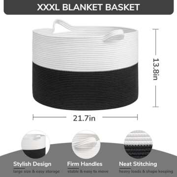 INDRESSME Large Cotton Rope Baskets for Storage, 21.7 x 13.8 Blanket Storage for Living Room Toy Baskets Storage Kids, Baby Laundry Basket for Dirty Clothes, Pillows, 90L White & Black