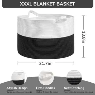 INDRESSME Large Cotton Rope Baskets for Storage, 21.7 x 13.8 Blanket Storage for Living Room Toy Baskets Storage Kids, Baby Laundry Basket for Dirty Clothes, Pillows, 90L White & Black