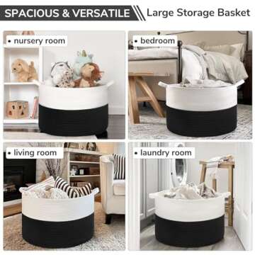 INDRESSME Large Cotton Rope Baskets for Storage, 21.7 x 13.8 Blanket Storage for Living Room Toy Baskets Storage Kids, Baby Laundry Basket for Dirty Clothes, Pillows, 90L White & Black