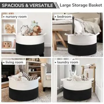 INDRESSME Large Cotton Rope Baskets for Storage, 21.7 x 13.8 Blanket Storage for Living Room Toy Baskets Storage Kids, Baby Laundry Basket for Dirty Clothes, Pillows, 90L White & Black