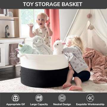 INDRESSME Large Cotton Rope Baskets for Storage, 21.7 x 13.8 Blanket Storage for Living Room Toy Baskets Storage Kids, Baby Laundry Basket for Dirty Clothes, Pillows, 90L White & Black