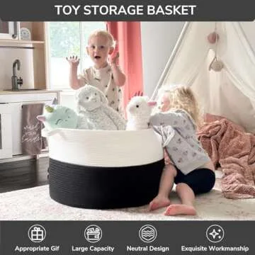 INDRESSME Large Cotton Rope Baskets for Storage, 21.7 x 13.8 Blanket Storage for Living Room Toy Baskets Storage Kids, Baby Laundry Basket for Dirty Clothes, Pillows, 90L White & Black