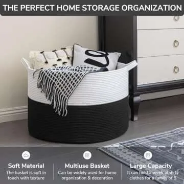 INDRESSME Large Cotton Rope Baskets for Storage, 21.7 x 13.8 Blanket Storage for Living Room Toy Baskets Storage Kids, Baby Laundry Basket for Dirty Clothes, Pillows, 90L White & Black