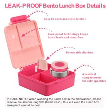Bento Lunch Box Set for Kids with 8oz Soup Thermo, Leak-Proof Lunch Containers with 4 Compartment, Kids Thermo Hot Food Jar and Insulated Lunch Bag for Kids to School-Pink