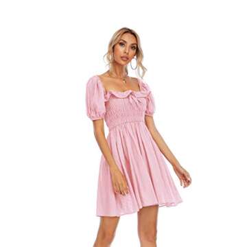 R.Vivimos Women's Summer Cotton Short Sleeve Square Neck Elastic Smocked Ruffle Floral Print Swing Mini Dress (Medium, Pink)