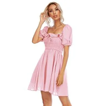 R.Vivimos Women's Summer Cotton Short Sleeve Square Neck Elastic Smocked Ruffle Floral Print Swing Mini Dress (Medium, Pink)