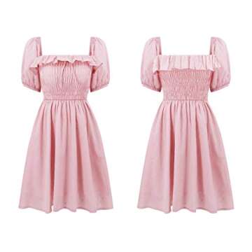 R.Vivimos Women's Summer Cotton Short Sleeve Square Neck Elastic Smocked Ruffle Floral Print Swing Mini Dress (Medium, Pink)