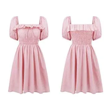 R.Vivimos Women's Summer Cotton Short Sleeve Square Neck Elastic Smocked Ruffle Floral Print Swing Mini Dress (Medium, Pink)