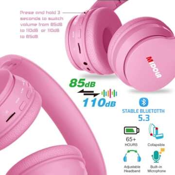 MIDOLA Kids Headphones Bluetooth 5.3 Wireless 60H Play Time Volume Limit 85/110dB Over Ear Foldable Protection Headset/Wired AUX Cord Mic for Children Boy Girl Travel School Phone Pad Tablet Pink