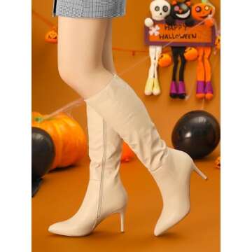 Allegra K Women's Pointed Toe Stiletto Heels Beige Knee High Boots 6 M US