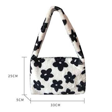 Hobo Bag Satchel Faux Fur Purse Flower Clutch Bag Furry Handbag Underarm Purse for Women (White)