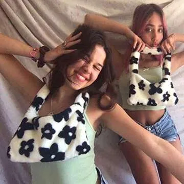 Hobo Bag Satchel Faux Fur Purse Flower Clutch Bag Furry Handbag Underarm Purse for Women (White)