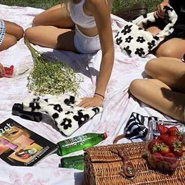 Hobo Bag Satchel Faux Fur Purse Flower Clutch Bag Furry Handbag Underarm Purse for Women (White)