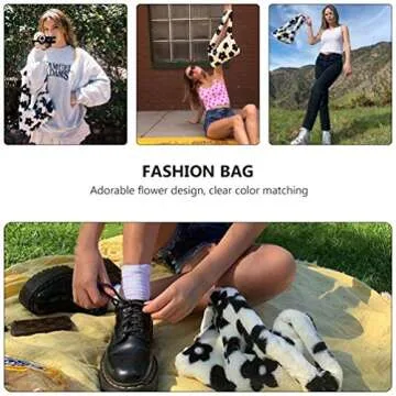 Hobo Bag Satchel Faux Fur Purse Flower Clutch Bag Furry Handbag Underarm Purse for Women (White)