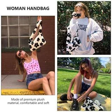 Hobo Bag Satchel Faux Fur Purse Flower Clutch Bag Furry Handbag Underarm Purse for Women (White)