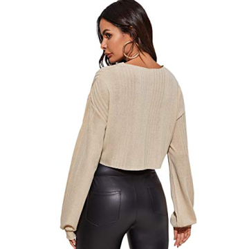 Romwe Women's Stylish Long Sleeve Crop Top in Apricot