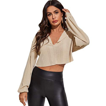 Romwe Women's Stylish Long Sleeve Crop Top in Apricot