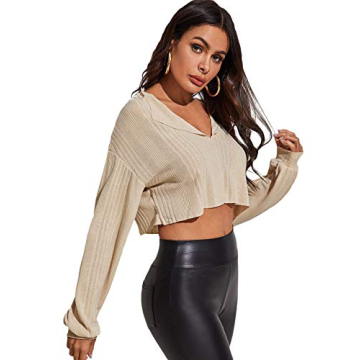 Romwe Women's Stylish Long Sleeve Crop Top in Apricot