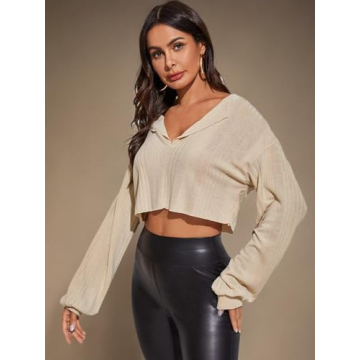 Romwe Women's Stylish Long Sleeve Crop Top in Apricot