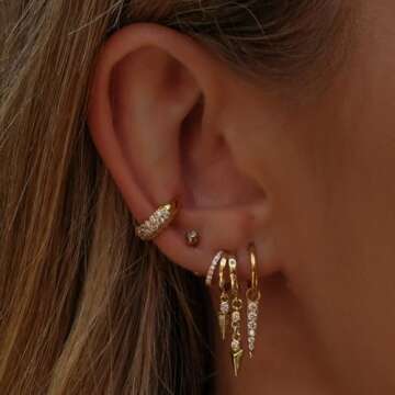 Freekiss Gold Hoop Earrings for Women: Dainty Dangle Earrings 14K Gold Filled Hypoallergenic Earring Set Small Hoop Diamond Huggie Spike Drop Earrings Gold Jewelry for Women Gifts