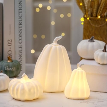 Domensi 3 Pcs Thanksgiving Lighted Ceramic Pumpkin Decorations