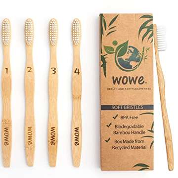 Wowe Lifestyle Natural Organic Bamboo Toothbrush Wood, Ergonomic Biodegradable Handle, Soft BPA Free Bristles, Pack of 4
