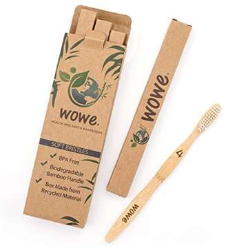 Wowe Lifestyle Natural Organic Bamboo Toothbrush Wood, Ergonomic Biodegradable Handle, Soft BPA Free Bristles, Pack of 4